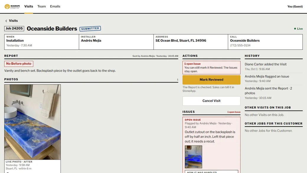 Field Photo Reports office view of one Visit: the job, customer, Installer and address, a Submitted stamp, and a Report flagged No Before photo