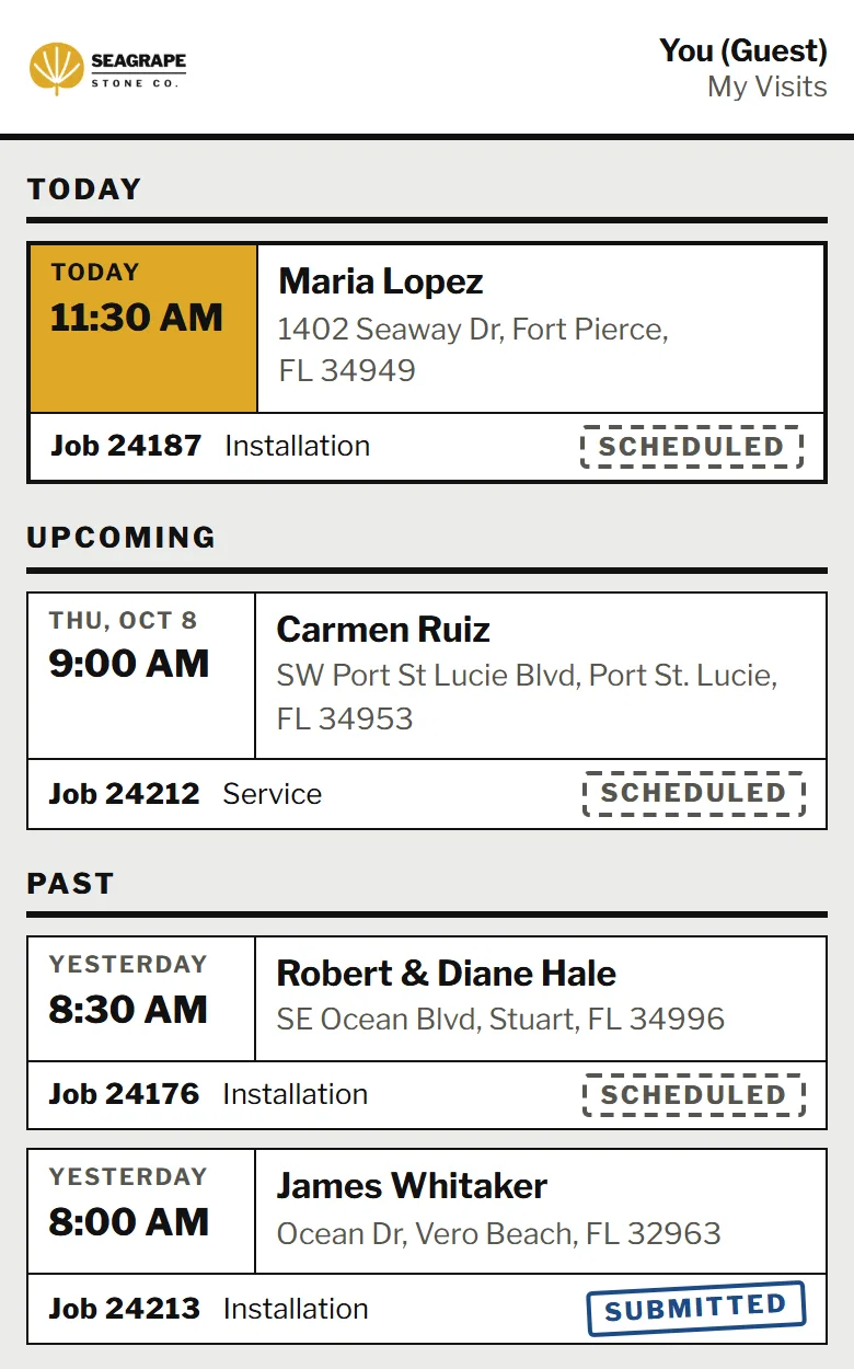 Field Photo Reports Installer app on a phone: today’s Visit, an upcoming Visit, and past Visits with their state