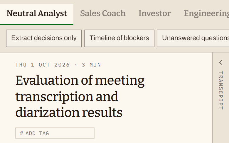 AI Meeting Notes, close up: the reading lenses (Neutral Analyst, Sales Coach, Investor), quick actions, and the title of a sample meeting note